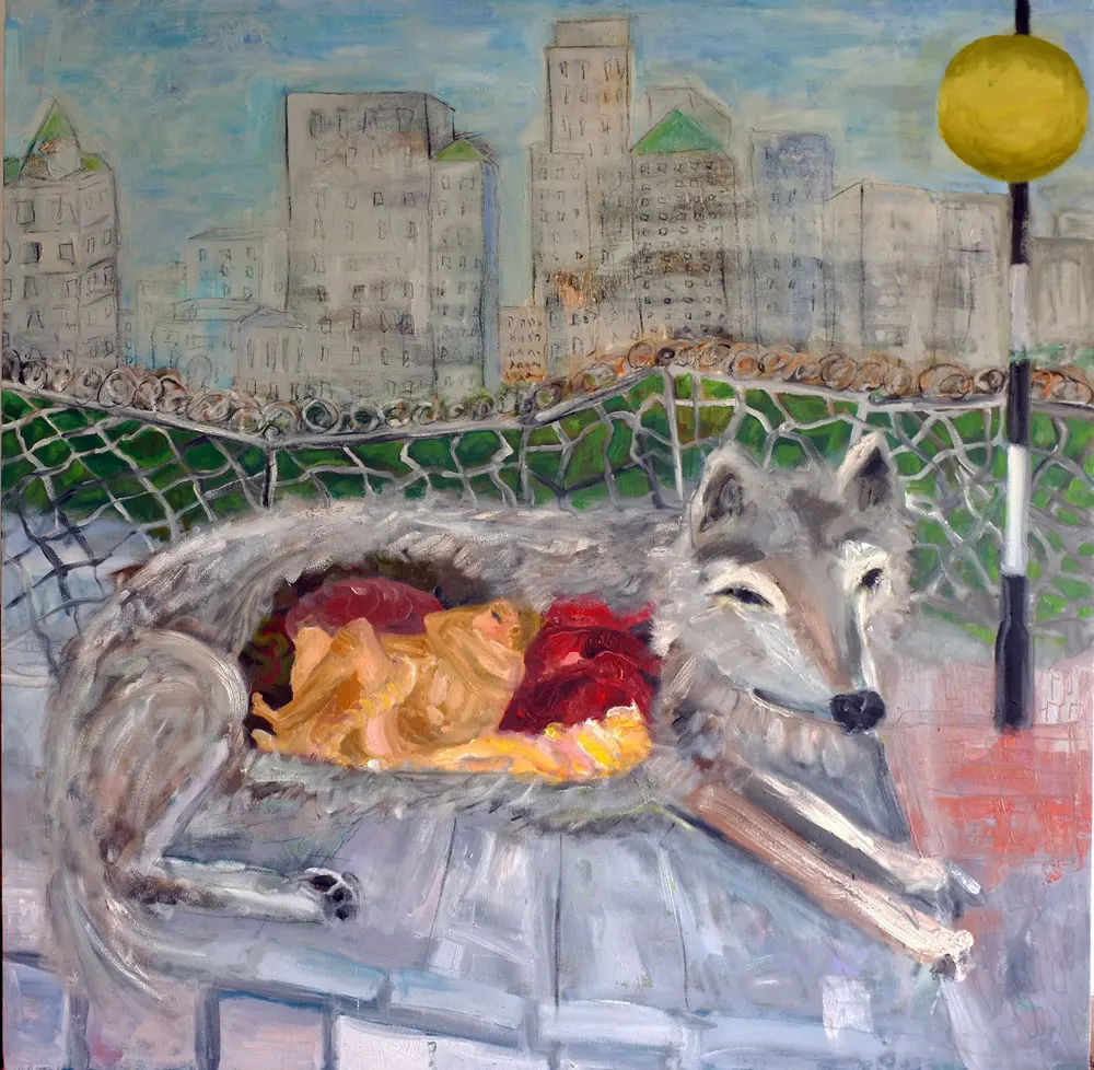 Oil painting on canvas of a wolf sitting at a zebra crossing with the skyline of Brooklyn behind it